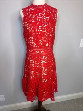 NWT sz L Do + Be embroidered lace dress red fit and flare sleeveless